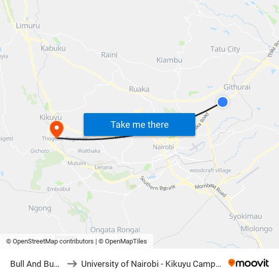 Bull And Budh to University of Nairobi - Kikuyu Campus map