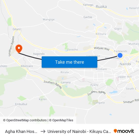 Agha Khan Hospital to University of Nairobi - Kikuyu Campus map