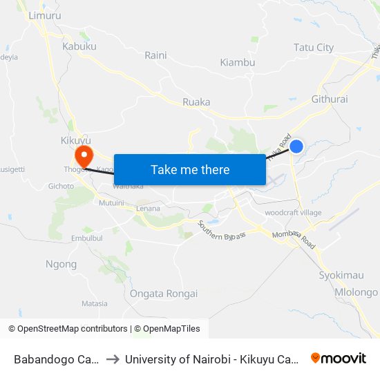 Babandogo Catho to University of Nairobi - Kikuyu Campus map