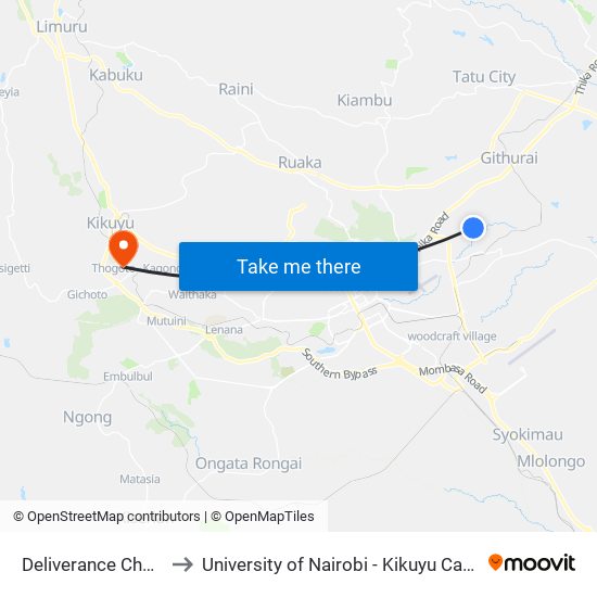 Deliverance Church to University of Nairobi - Kikuyu Campus map