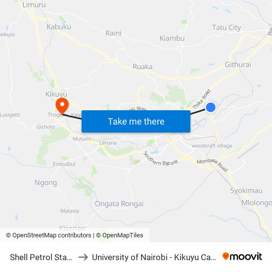 Shell Petrol Station to University of Nairobi - Kikuyu Campus map