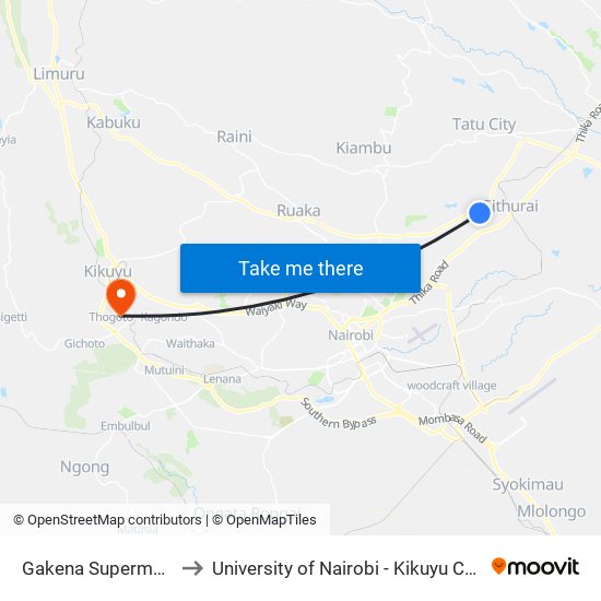 Gakena Supermarket to University of Nairobi - Kikuyu Campus map