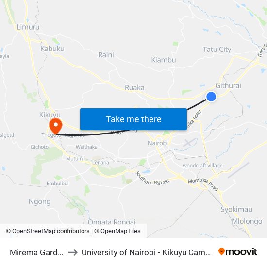 Mirema Garden to University of Nairobi - Kikuyu Campus map