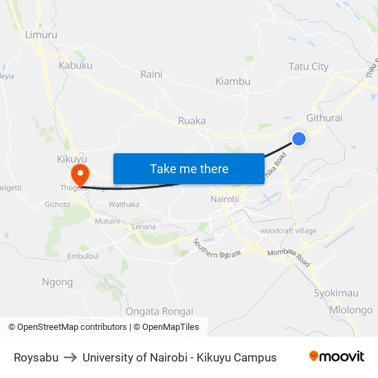 Roysabu to University of Nairobi - Kikuyu Campus map