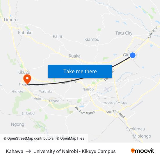 Kahawa to University of Nairobi - Kikuyu Campus map