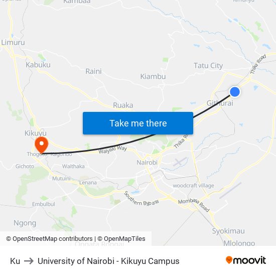 Ku to University of Nairobi - Kikuyu Campus map