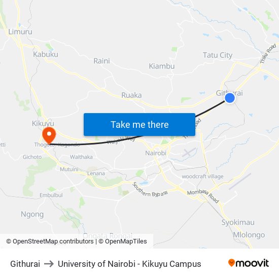 Githurai to University of Nairobi - Kikuyu Campus map