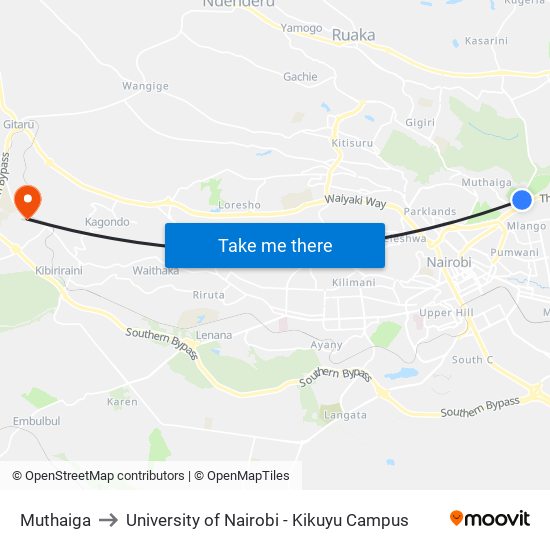 Muthaiga to University of Nairobi - Kikuyu Campus map