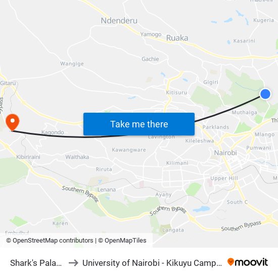 Shark's Palace to University of Nairobi - Kikuyu Campus map