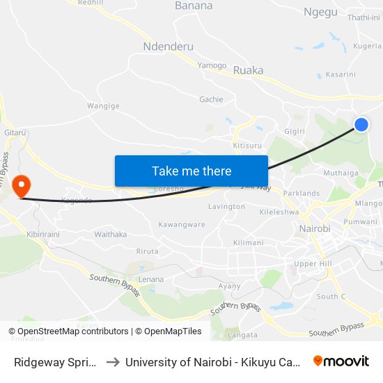 Ridgeway Springs to University of Nairobi - Kikuyu Campus map