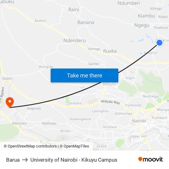 Barua to University of Nairobi - Kikuyu Campus map