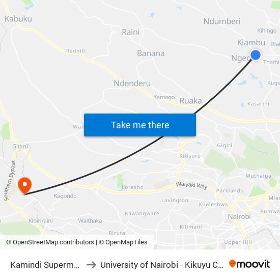 Kamindi Supermarket to University of Nairobi - Kikuyu Campus map