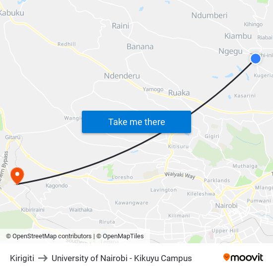 Kirigiti to University of Nairobi - Kikuyu Campus map