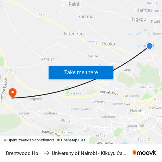 Brentwood Hotel to University of Nairobi - Kikuyu Campus map