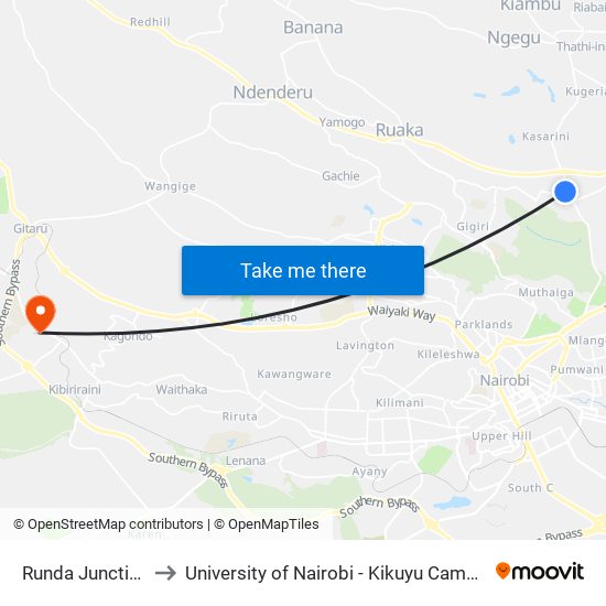 Runda Junction to University of Nairobi - Kikuyu Campus map