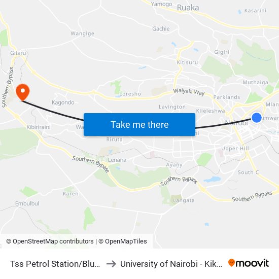Tss Petrol Station/Blue Hut Hotel to University of Nairobi - Kikuyu Campus map