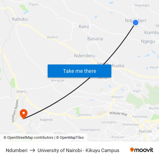 Ndumberi to University of Nairobi - Kikuyu Campus map