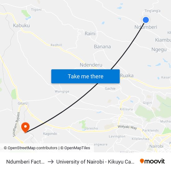 Ndumberi Factory to University of Nairobi - Kikuyu Campus map