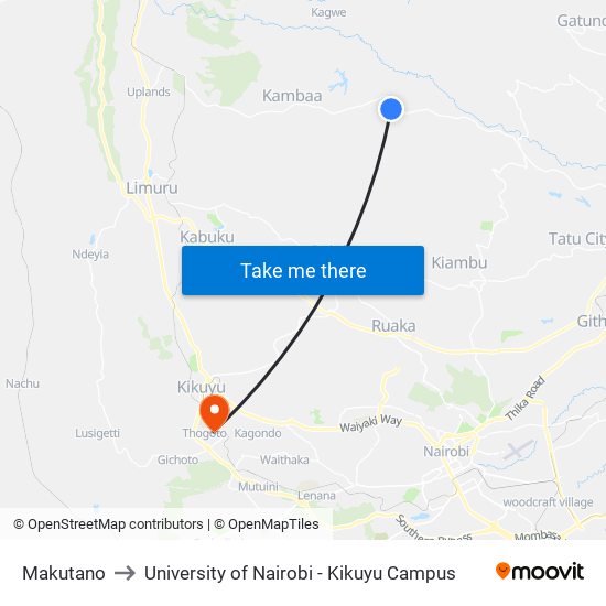 Makutano to University of Nairobi - Kikuyu Campus map