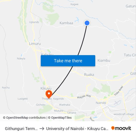 Githunguri Terminal to University of Nairobi - Kikuyu Campus map