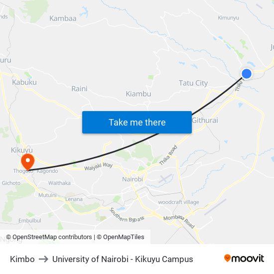 Kimbo to University of Nairobi - Kikuyu Campus map