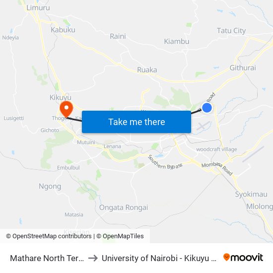 Mathare North Terminal to University of Nairobi - Kikuyu Campus map