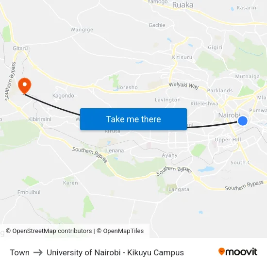 Town to University of Nairobi - Kikuyu Campus map