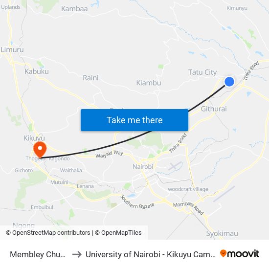 Membley Church to University of Nairobi - Kikuyu Campus map