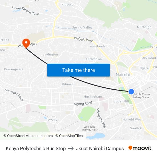 Kenya Polytechnic Bus Stop to Jkuat Nairobi Campus map