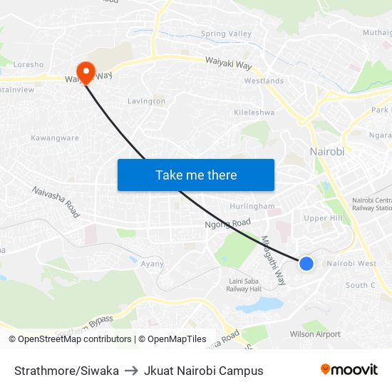 Strathmore/Siwaka to Jkuat Nairobi Campus map