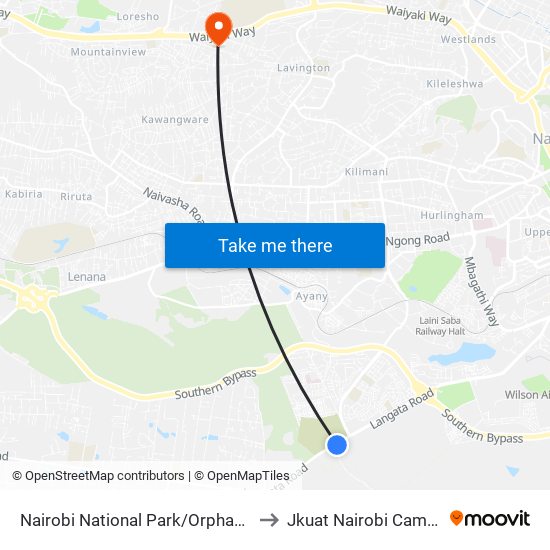 Nairobi National Park/Orphanage to Jkuat Nairobi Campus map