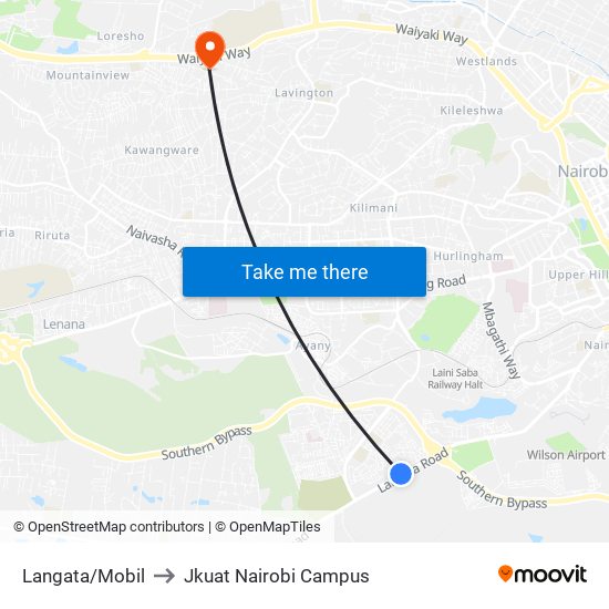 Langata/Mobil to Jkuat Nairobi Campus map