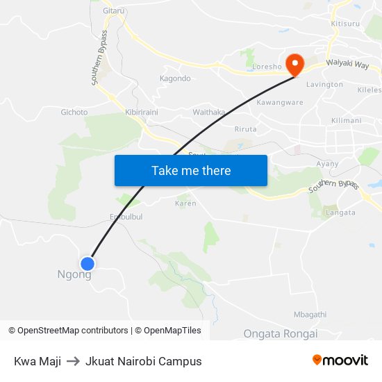 Kwa Maji to Jkuat Nairobi Campus map