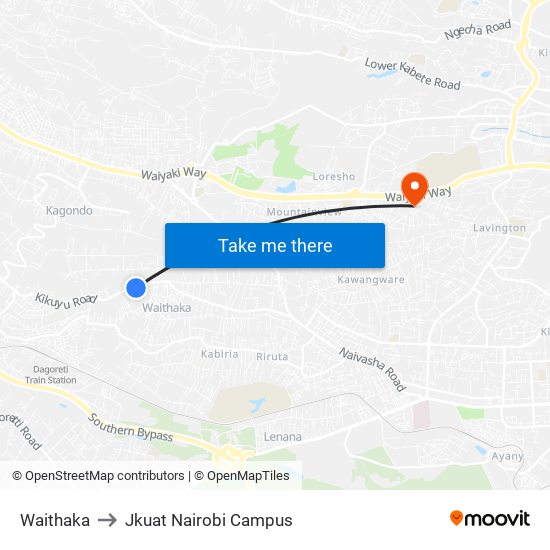 Waithaka to Jkuat Nairobi Campus map