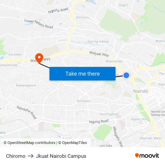 Chiromo to Jkuat Nairobi Campus map