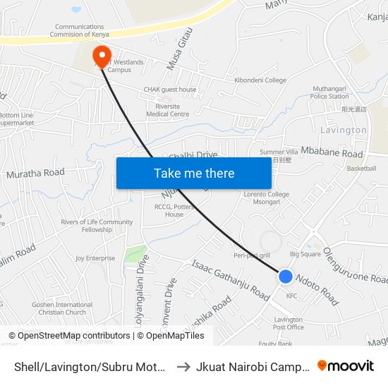 Shell/Lavington/Subru Motors to Jkuat Nairobi Campus map