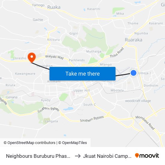 Neighbours Buruburu Phase 1 to Jkuat Nairobi Campus map