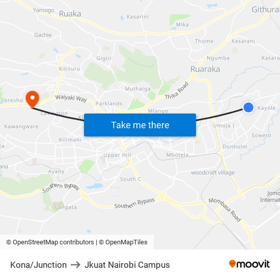 Kona/Junction to Jkuat Nairobi Campus map