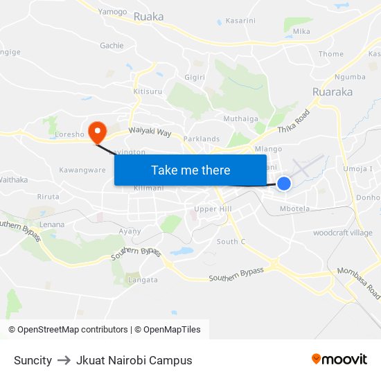 Suncity to Jkuat Nairobi Campus map