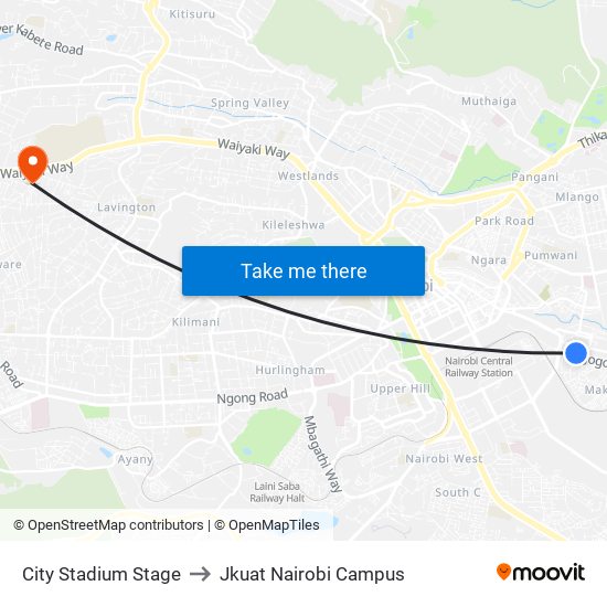 City Stadium Stage to Jkuat Nairobi Campus map