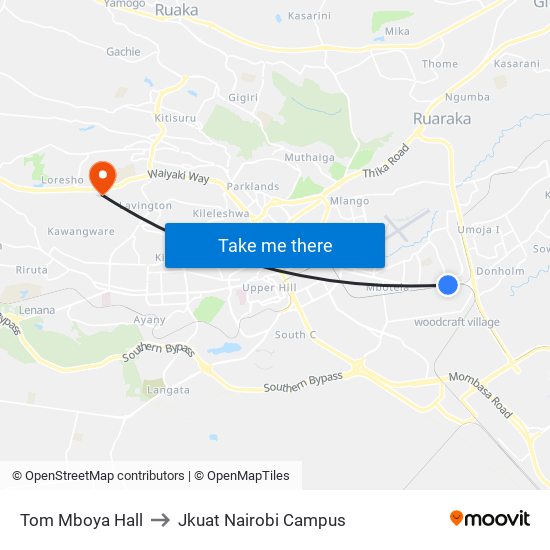 Tom Mboya Hall to Jkuat Nairobi Campus map