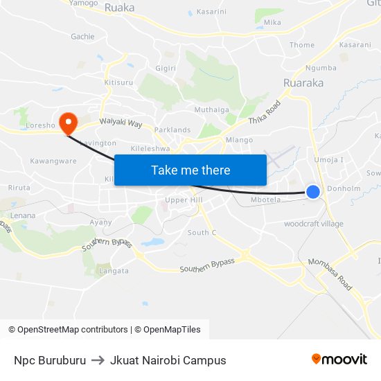 Npc Buruburu to Jkuat Nairobi Campus map