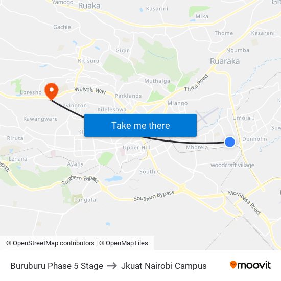 Buruburu Phase 5 Stage to Jkuat Nairobi Campus map