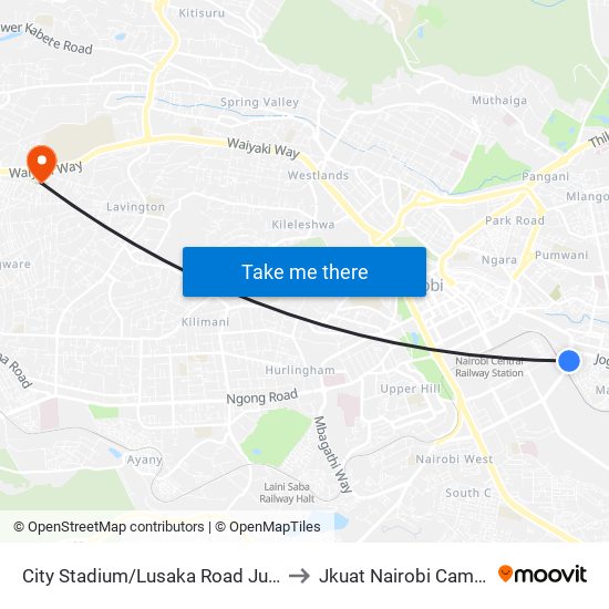 City Stadium/Lusaka Road Junctn to Jkuat Nairobi Campus map