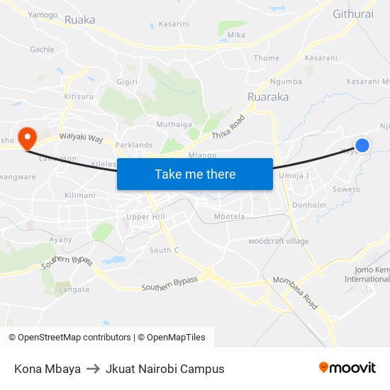 Kona Mbaya to Jkuat Nairobi Campus map