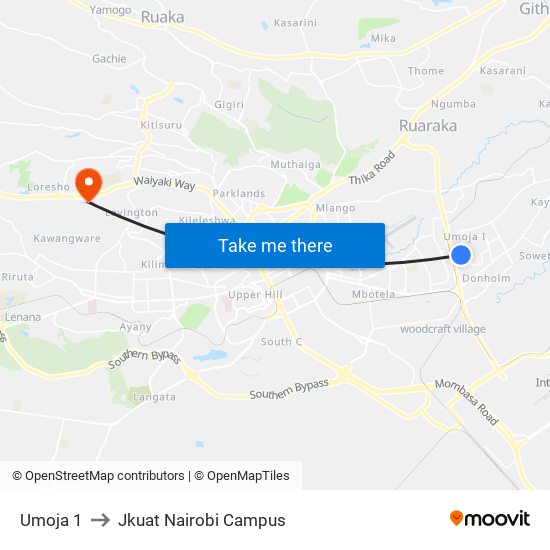 Umoja 1 to Jkuat Nairobi Campus map