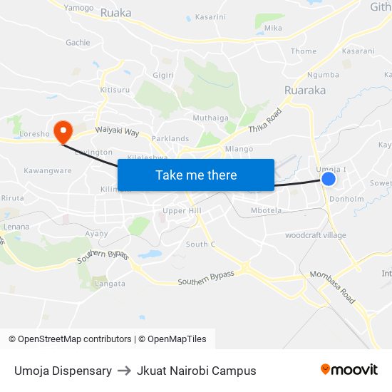 Umoja Dispensary to Jkuat Nairobi Campus map