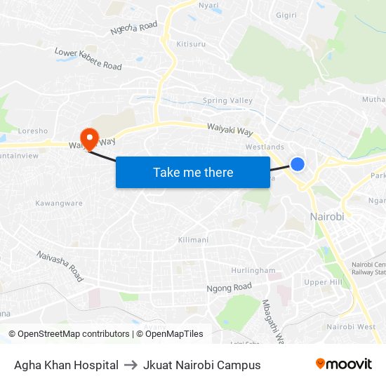 Agha Khan Hospital to Jkuat Nairobi Campus map