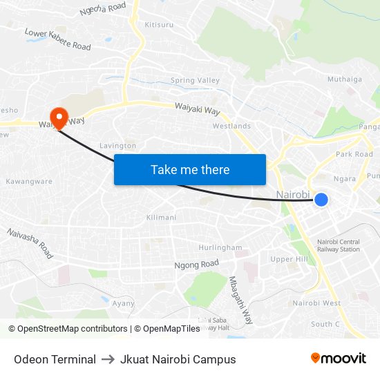 Odeon Terminal to Jkuat Nairobi Campus map