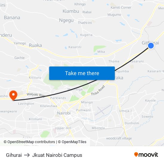 Gihurai to Jkuat Nairobi Campus map